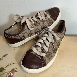 Michael Kors Monogram Tan Canvas & Brown Leather Trim Sneakers